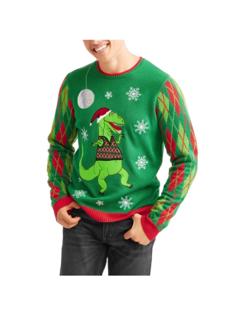 Jolly Sweaters Green T-Rex Christmas Sweater - Men's Lg